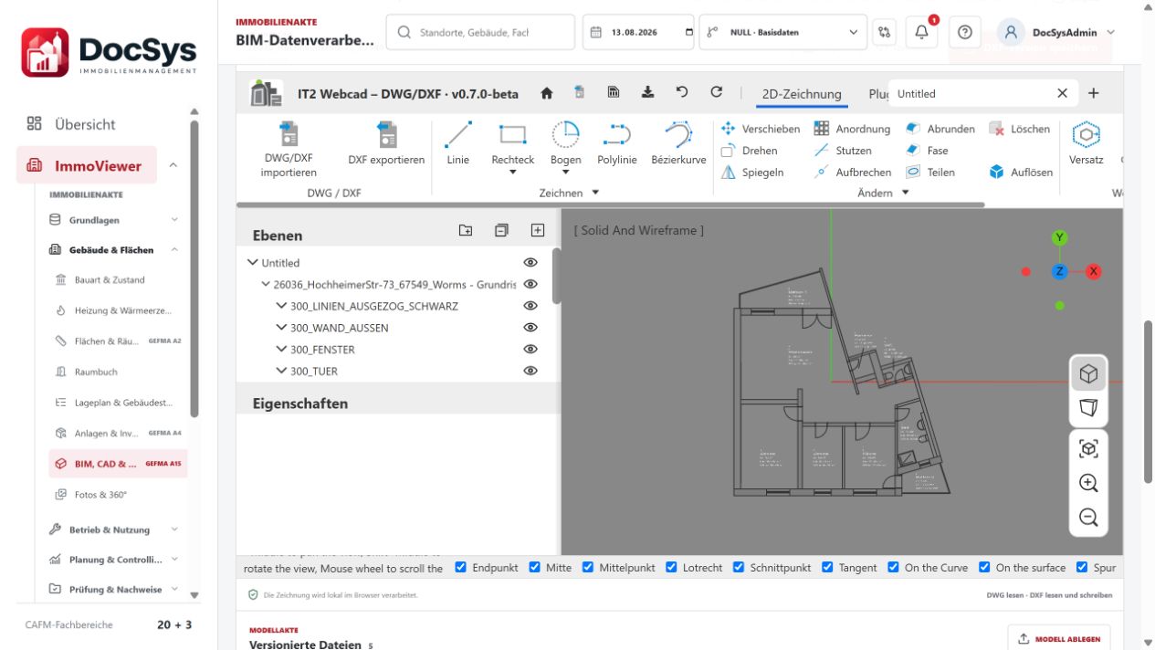 Geladene DXF-Zeichnung im integrierten DocSys Web-CAD-Editor
