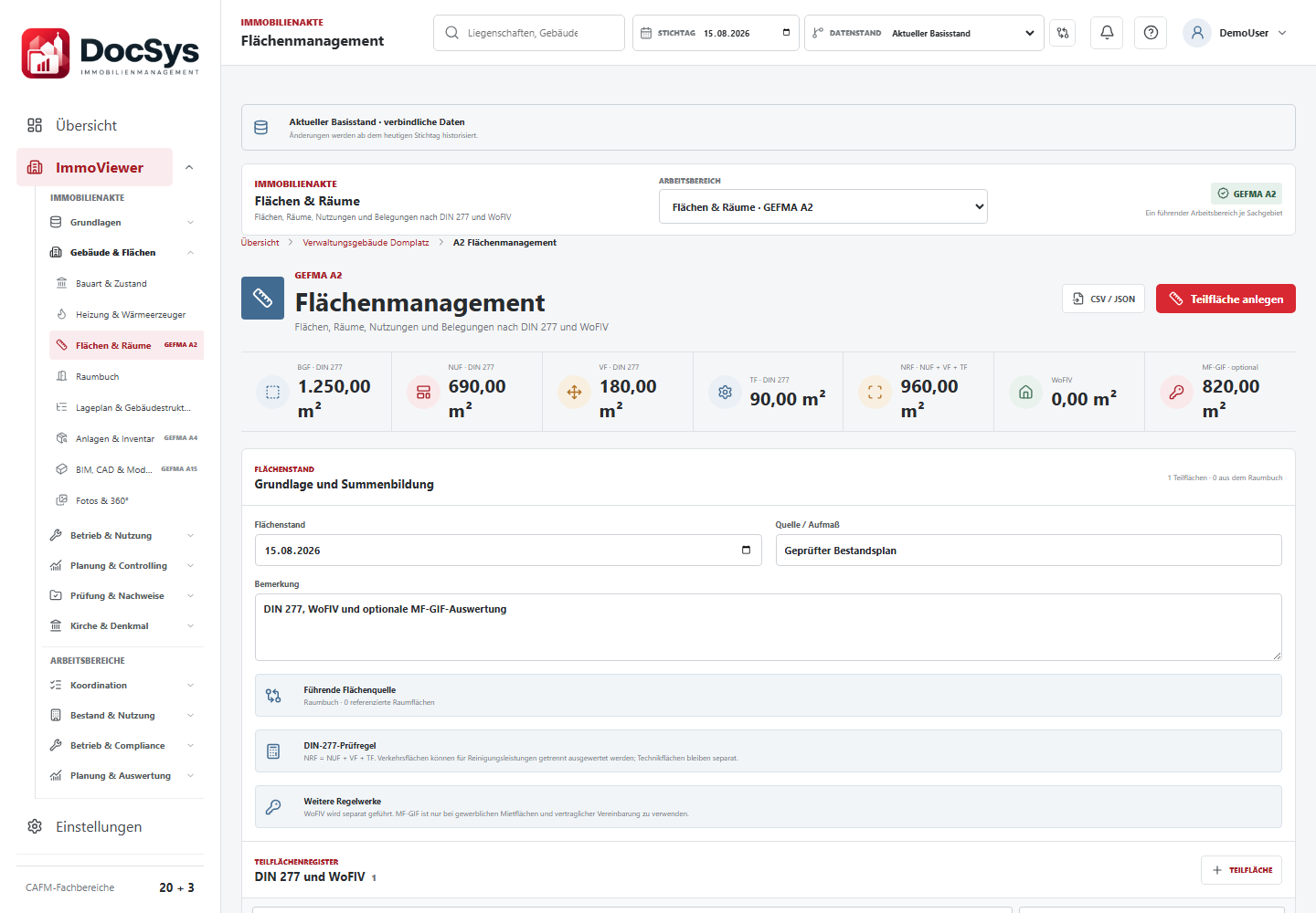 Flächenmanagement in DocSys nach DIN 277, WoFlV und GIF
