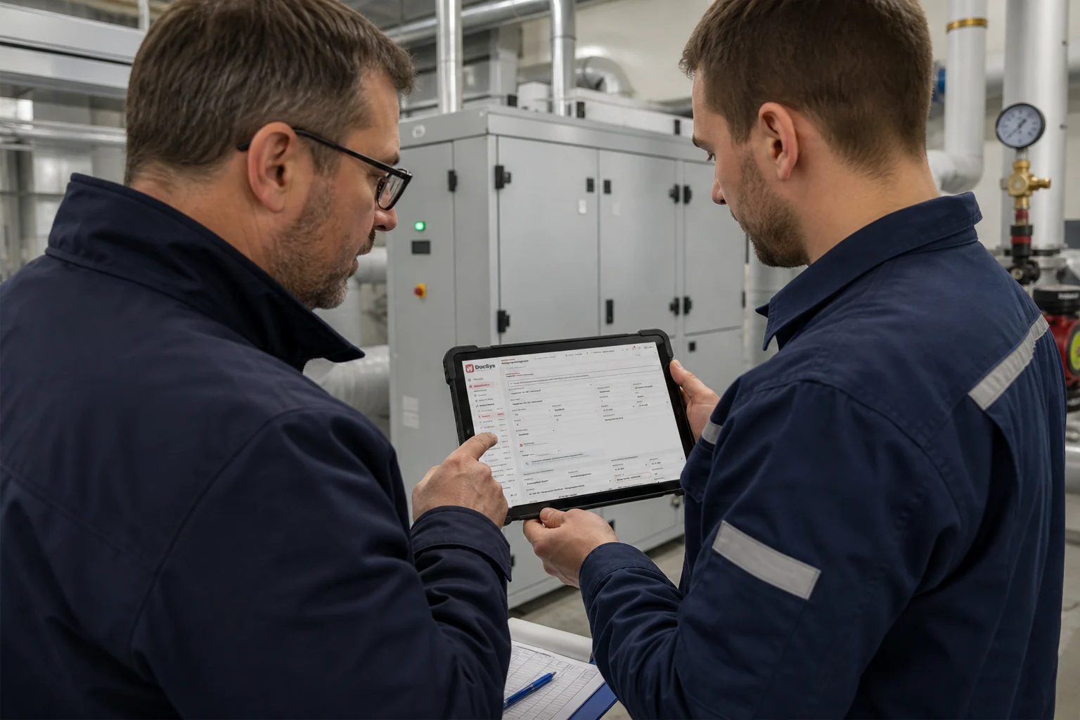 Technisches Team bearbeitet einen Gebäudebetriebsprozess mit DocSys