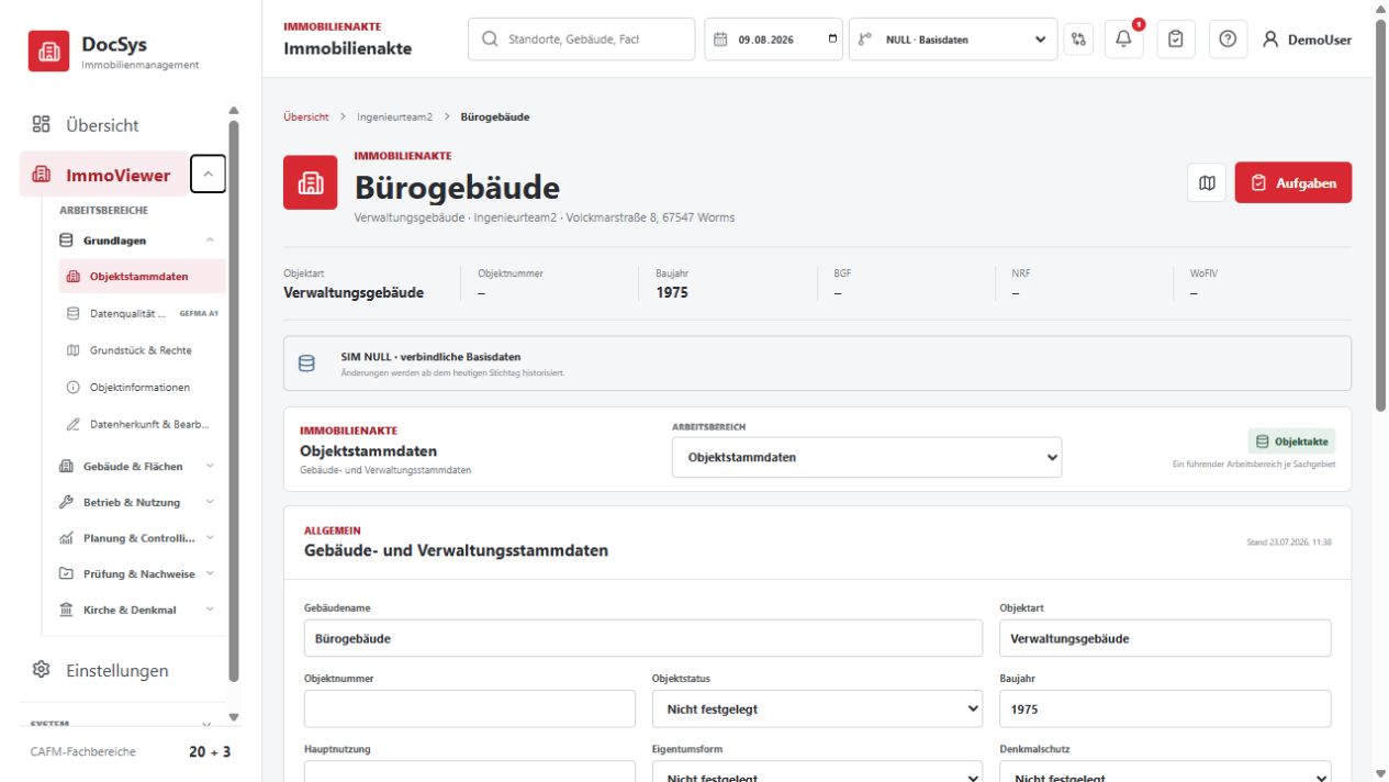 DocSys ImmoViewer mit Immobilienstammdaten und Arbeitsbereichen